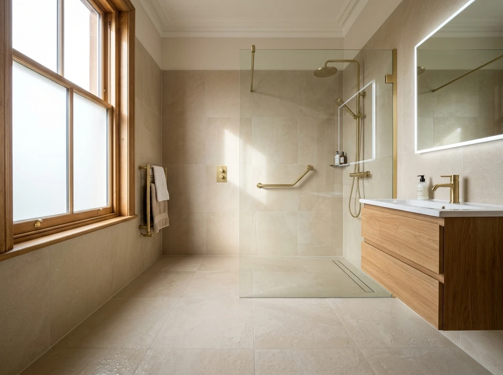 Completed walk-in wetroom in Stanwix with non-slip porcelain, linear drain and brushed brass rainfall shower