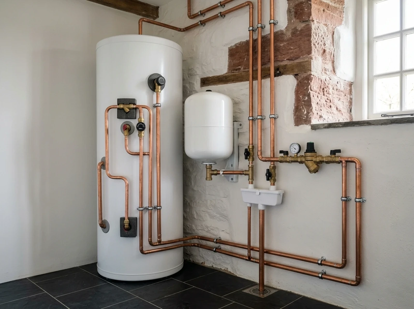 210-litre white unvented cylinder in a Brampton cottage, with clipped 22mm copper pipework, a white potable expansion vessel, brass inlet controls with a pressure gauge, a tundish and an exposed red-sandstone wall