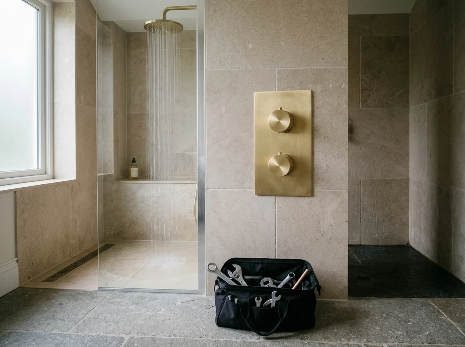 Brushed brass concealed thermostatic shower valve on a stone-tiled wall, with the rainfall shower running behind the glass and a plumber's tool bag on the floor