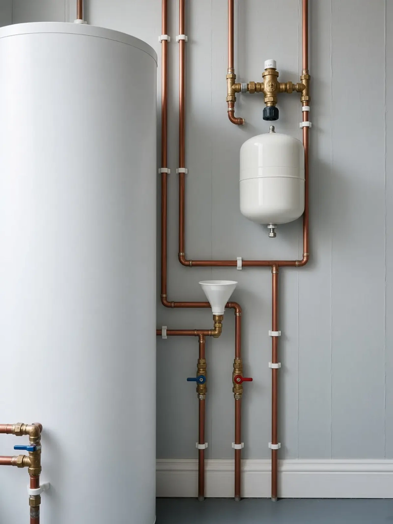 White unvented hot water cylinder with copper pipework, pressure-reducing valve, white expansion vessel and a tundish